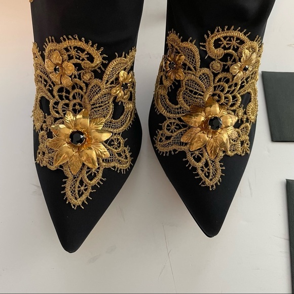 DOLCE & GABBANA Lori embellished lace appliquéd stretch jersey sock boot gold - Picture 3 of 13